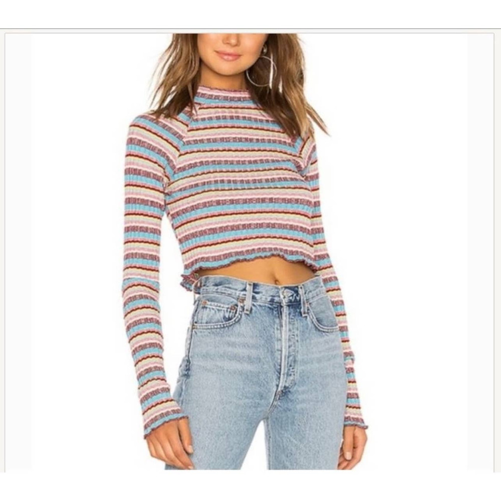 FREE PEOPLE Thermal Ribbed Knit Striped Mock Neck Long Sleeve Sweater Size XS